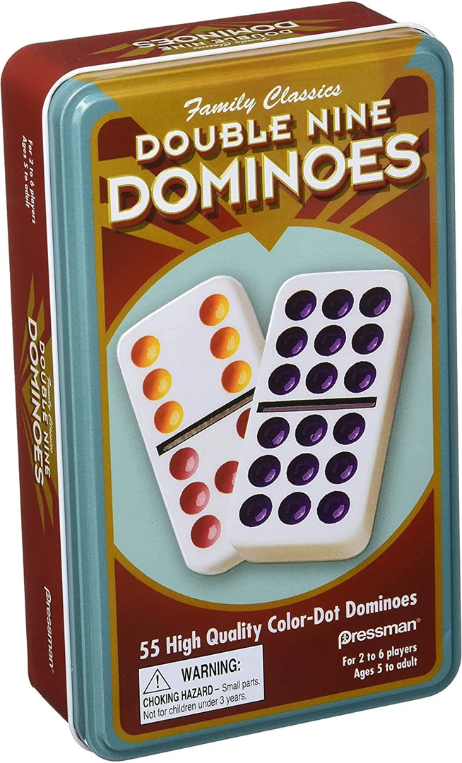 Pressman Toy Corp. Double Nine Color Dot Dominoes In Tin Board Games 1 Pressman Toy Corp. Double Nine Color Dot Dominoes In Tin Board Games